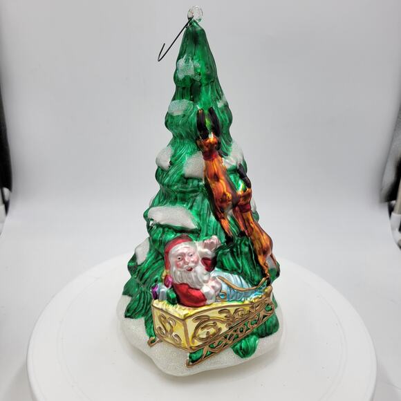 Vintage Christmas Tree Santa Reindeer Sleigh 8 Hand Blown Mercury Glass Ornament - Picture 1 of 8